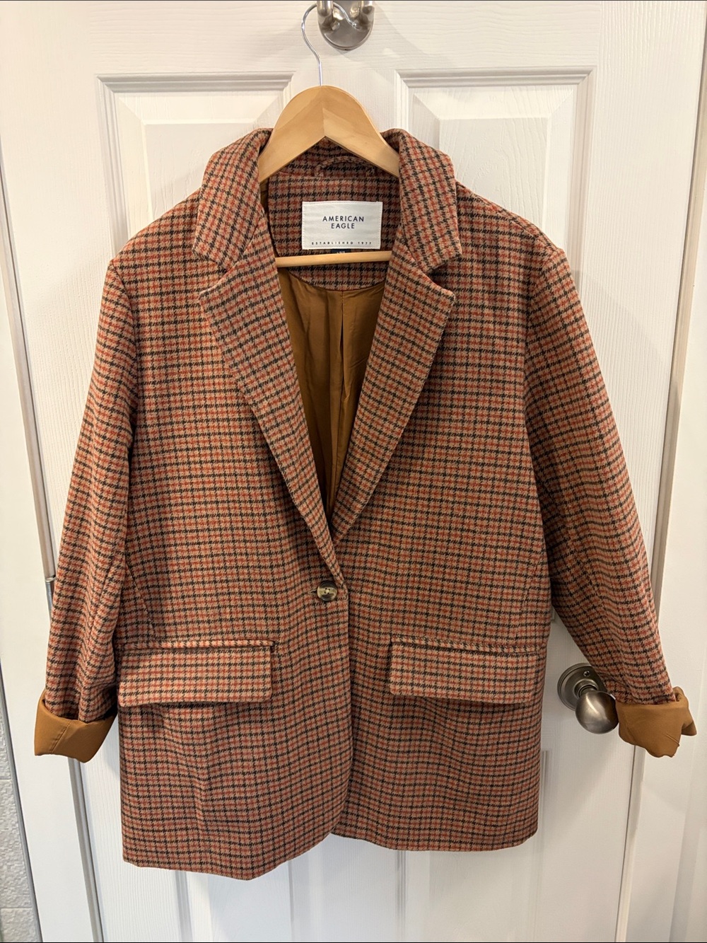 American Eagle Outfitters Brown Rust Plaid Single-Button Blazer